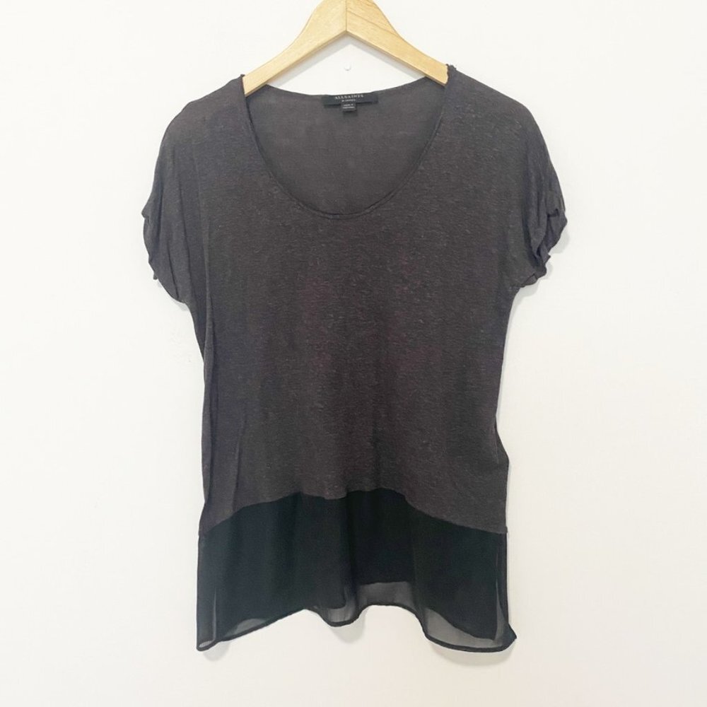All Saints Brown & Black Mixed Media Short Sleeve Blouse Size Xs